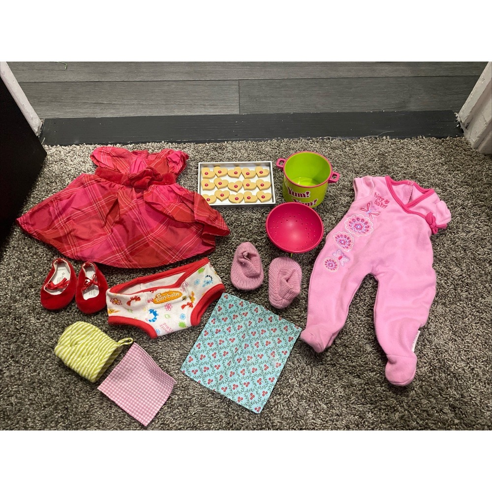 American Girl Doll Bitty Baby Red Holiday Dress Pink Sleeper Cookies Shoes Lot